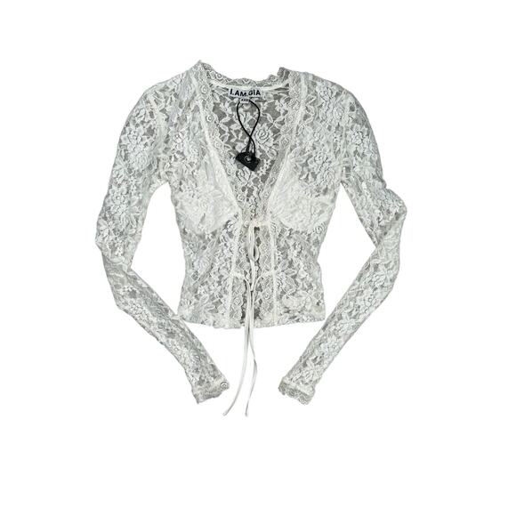 I.AM.GIA White Lace Sapphira Cardigan Top Long Sleeve Tie Front XXS Sexy NWOT - Picture 1 of 7